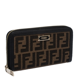 Pre Owned Fendi Brown/Black Zucca Canvas and Leather Zip Around Wallet