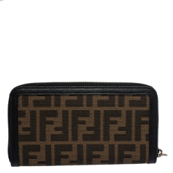 Pre Owned Fendi Brown/Black Zucca Canvas and Leather Zip Around Wallet