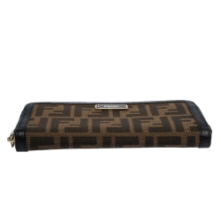Pre Owned Fendi Brown/Black Zucca Canvas and Leather Zip Around Wallet
