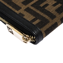 Pre Owned Fendi Brown/Black Zucca Canvas and Leather Zip Around Wallet