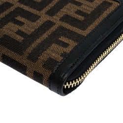 Pre Owned Fendi Brown/Black Zucca Canvas and Leather Zip Around Wallet