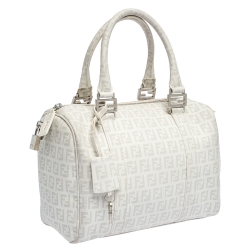 Pre Owned Fendi White Zucchino Coated Canvas Small Forever Bauletto Boston Bag