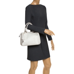 Pre Owned Fendi White Zucchino Coated Canvas Small Forever Bauletto Boston Bag