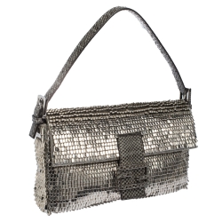Fendi Silver Beads, Metal and Snakeskin Baguette Bag