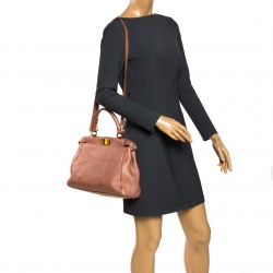 Pre Owned Fendi Metallic Peach Selleria Leather Medium Peekaboo Top Handle Bag