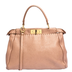 Pre Owned Fendi Metallic Peach Selleria Leather Medium Peekaboo Top Handle Bag