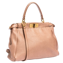 Pre Owned Fendi Metallic Peach Selleria Leather Medium Peekaboo Top Handle Bag