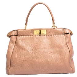 Pre Owned Fendi Metallic Peach Selleria Leather Medium Peekaboo Top Handle Bag