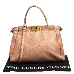 Pre Owned Fendi Metallic Peach Selleria Leather Medium Peekaboo Top Handle Bag
