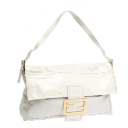 Pre Owned Fendi White Patent Leather Oversized Convertible Baguette Bag