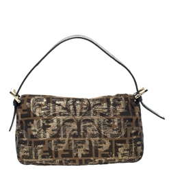 Fendi Tobacco Zucca Canvas Floral Brocade Baguette Bag