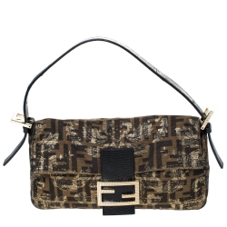 Fendi Tobacco Zucca Canvas Floral Brocade Baguette Bag