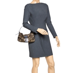Fendi Tobacco Zucca Canvas Floral Brocade Baguette Bag