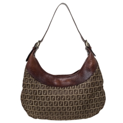 Fendi Brown/Beige Zucchino Canvas and Leather Clip Hobo 