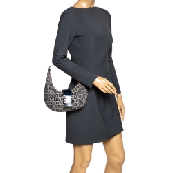 Pre Owned Fendi Navy Blue Zucchino Canvas and Leather Flap Hobo