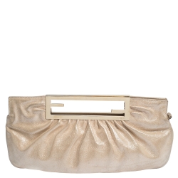 Pre Owned Fendi Metallic Beige Leather Cutout Handle Clutch