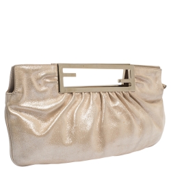 Pre Owned Fendi Metallic Beige Leather Cutout Handle Clutch