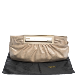 Pre Owned Fendi Metallic Beige Leather Cutout Handle Clutch
