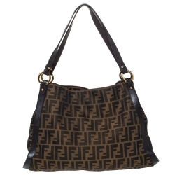 Pre Owned Fendi Tobacco Zucca Canvas and Leather Logo Charm Shoulder Bag