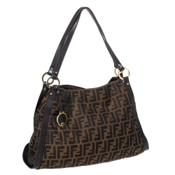Pre Owned Fendi Tobacco Zucca Canvas and Leather Logo Charm Shoulder Bag
