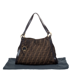 Pre Owned Fendi Tobacco Zucca Canvas and Leather Logo Charm Shoulder Bag