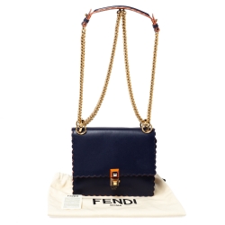 Pre Owned Fendi Navy Blue Leather Scalloped Kan I Shoulder Bag