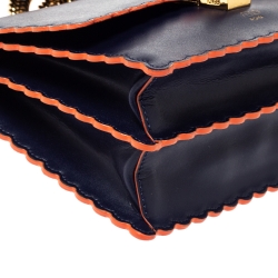 Pre Owned Fendi Navy Blue Leather Scalloped Kan I Shoulder Bag