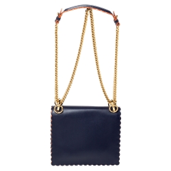 Pre Owned Fendi Navy Blue Leather Scalloped Kan I Shoulder Bag