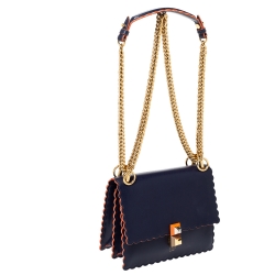 Pre Owned Fendi Navy Blue Leather Scalloped Kan I Shoulder Bag