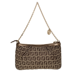 Pre Owned Fendi Brown Zucchino Canvas and Leather Studdded Baguette Bag