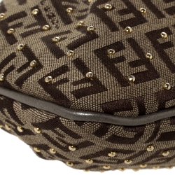 Pre Owned Fendi Brown Zucchino Canvas and Leather Studdded Baguette Bag