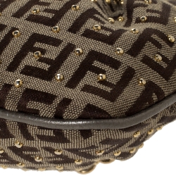 Pre Owned Fendi Brown Zucchino Canvas and Leather Studdded Baguette Bag