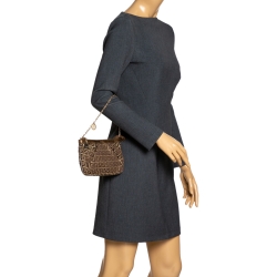 Pre Owned Fendi Brown Zucchino Canvas and Leather Studdded Baguette Bag