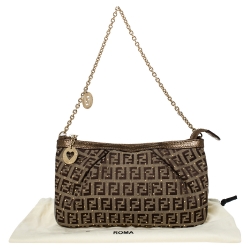 Pre Owned Fendi Brown Zucchino Canvas and Leather Studdded Baguette Bag