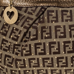 Pre Owned Fendi Brown Zucchino Canvas and Leather Studdded Baguette Bag