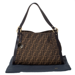 Pre Owned Fendi Tobacco Zucca Canvas and Leather Logo Charm Shoulder Bag