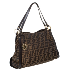 Pre Owned Fendi Tobacco Zucca Canvas and Leather Logo Charm Shoulder Bag