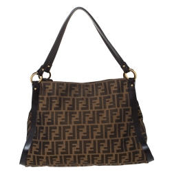 Pre Owned Fendi Tobacco Zucca Canvas and Leather Logo Charm Shoulder Bag