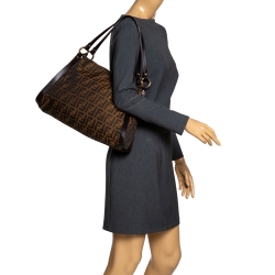 Pre Owned Fendi Tobacco Zucca Canvas and Leather Logo Charm Shoulder Bag