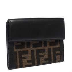 Pre Owned Fendi Tobacco Zucca Canvas and Leather Compact Wallet