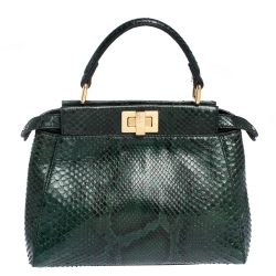 Pre Owned Fendi Green Python Mini Peekaboo Top Handle Bag