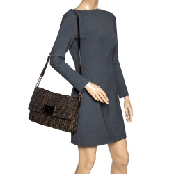 Pre Owned Fendi Tobacco Zucca Canvas and Patent Leather Mia Crossbody Bag