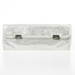 Pre Owned Fendi Forever Metallic Silver Suede Clutch 