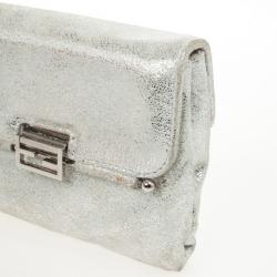 Pre Owned Fendi Forever Metallic Silver Suede Clutch 