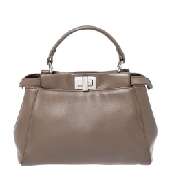 Pre Owned Fendi Beige Leather Mini Peekaboo Top Handle Bag