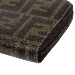 Pre Owned Fendi Tobacco Zucca Coated Canvas Zip Around Wallet