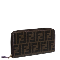 Pre Owned Fendi Tobacco Zucca Coated Canvas Zip Around Wallet