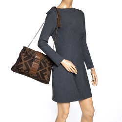 Fendi Tobacco Zucca Canvas and Leather Maxi Baguette Flap Shoulder Bag