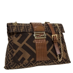 Fendi Tobacco Zucca Canvas and Leather Maxi Baguette Flap Shoulder Bag