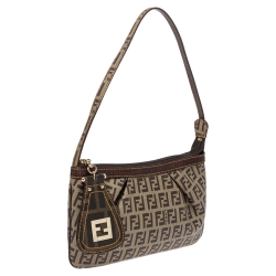 Pre Owned Fendi Brown/Beige Zucchino Coated Canvas and Leather Pochette Bag